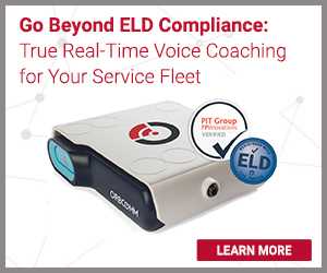 Go beyond ELD compliance: true real time voice coaching for your service fleet. In-cab device with logo.