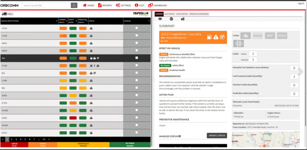 The ORBCOMM remote diagnostics platform features vehicle performance and health parameters based on color severity.