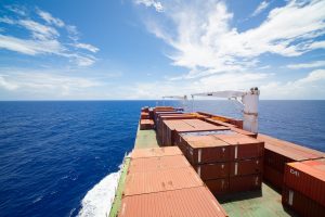 dry container ship on water